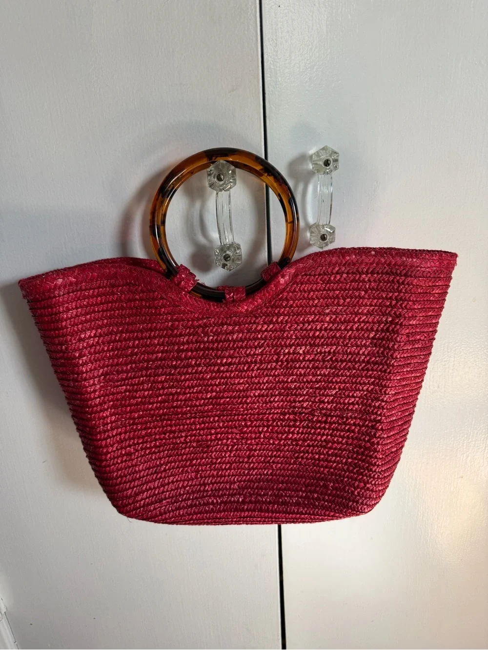 Elegant Red Woven Tote with Tortoiseshell-Style Handles